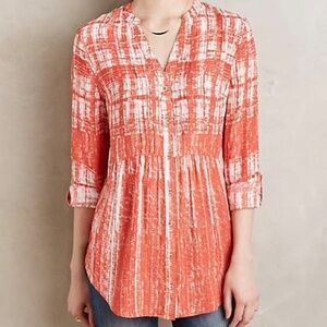 Anthropologie Maeve Calia Pleated Tunic Top 6 Orange Abstract Print V-Neck